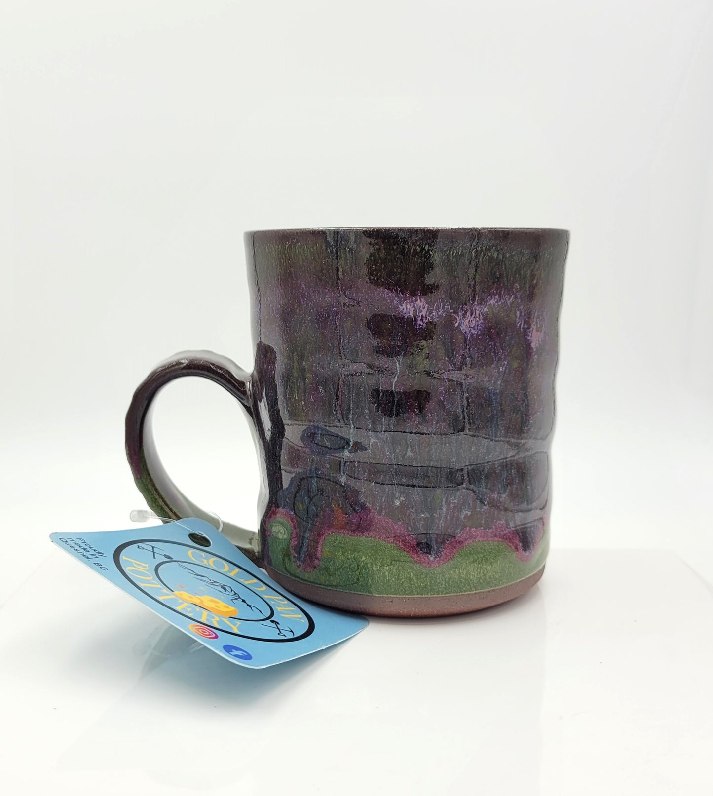 Handmade Pottery Mug, Green and Raspberry