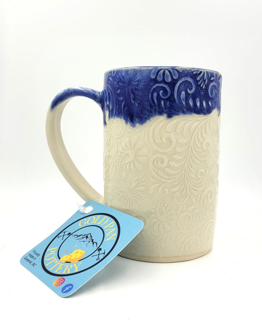 Natural white butterfly print handmade pottery mug with blue rim