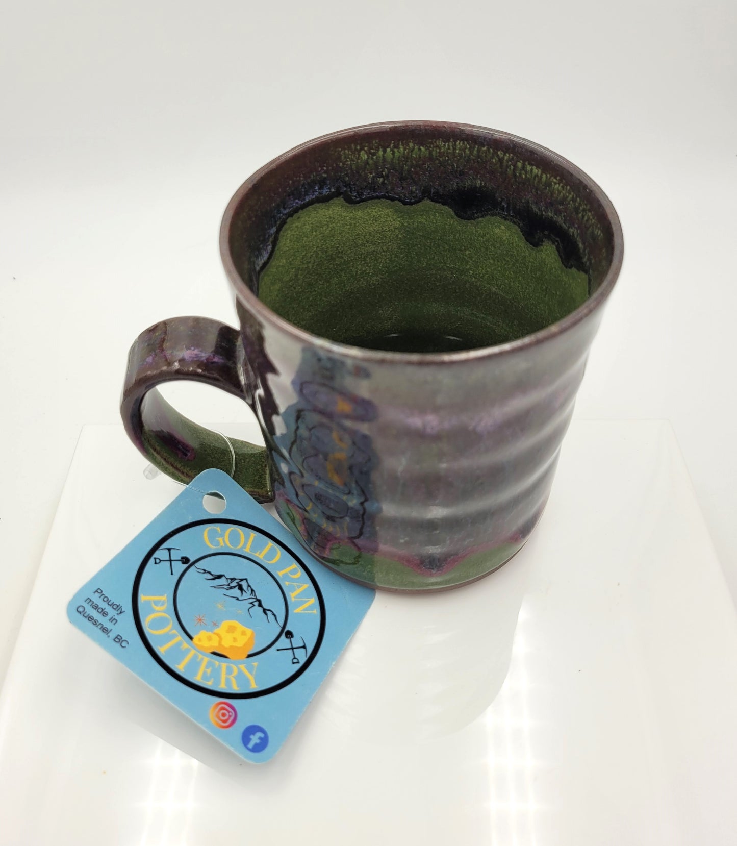 Handmade Pottery Mug, Green and Raspberry