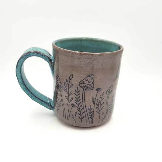 Handmade Pottery Mug - Mushrooms Teal Glaze