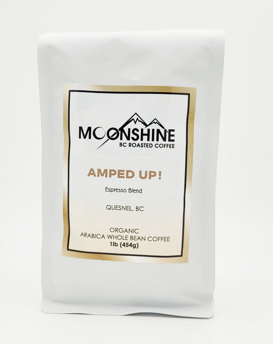 Amped Up!  is our tried and true Espresso blend.  Brazilian based, this espresso creates the perfect crema or foundation for a delicious latte. Moonshine BC Roasted Coffee is a small, artisan, micro-roaster that roasts only organic, fair trade, and direct trade coffee from around the globe.  The roasting is done by hand and in small batches, creating a cup of coffee so good that it should be illegal!   Available Sizes:   1 pound (454g) 1/2 pound (226g)