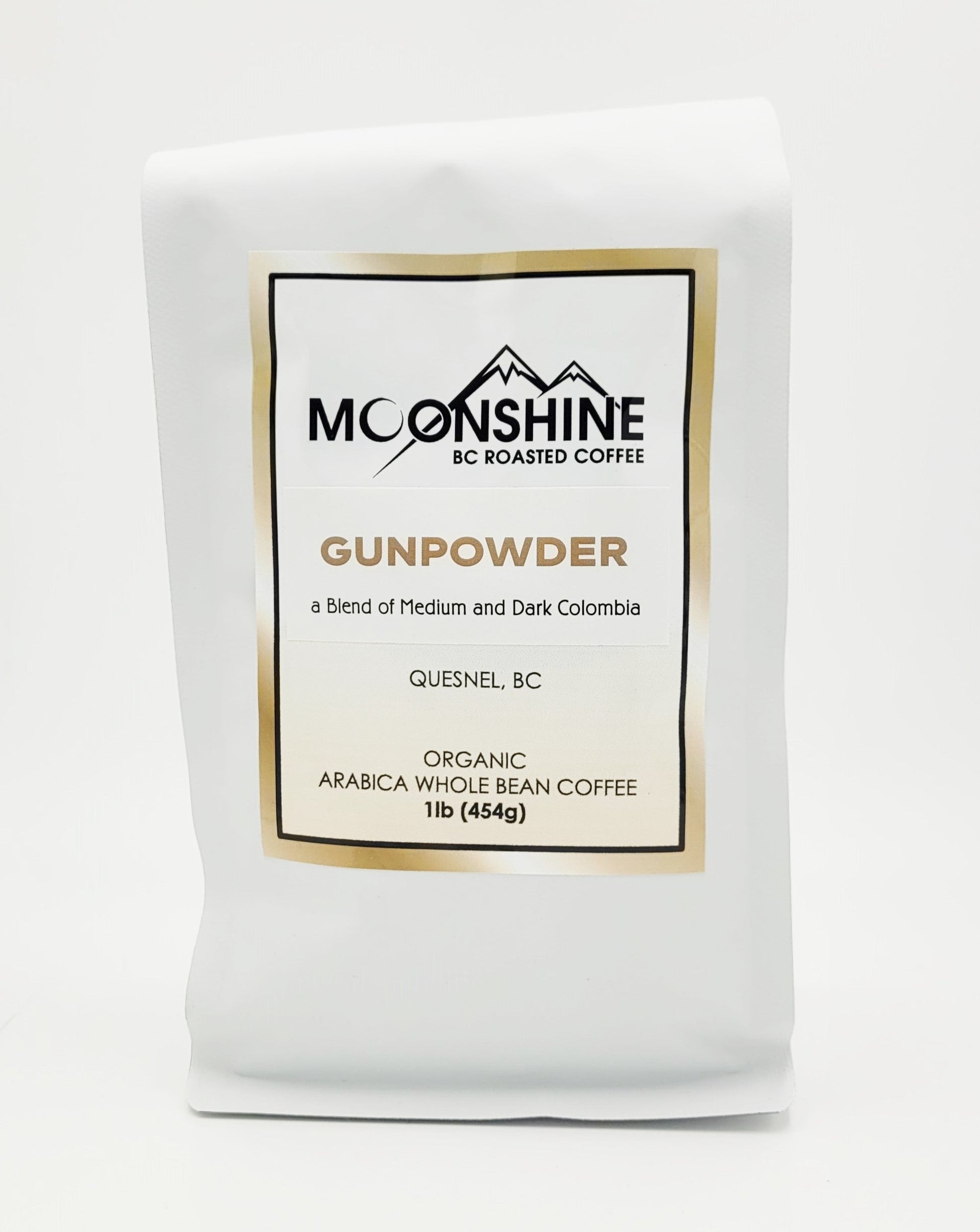 Gunpowder is a dark and medium roast blend from 100% arabica Columbian beans.  Moonshine Coffee is a small, artisan, micro-roaster that roasts only organic, fair trade, and direct trade coffee from around the globe.  The roasting is done by hand and in small batches, creating a cup of coffee so good that it should be illegal!   Available Sizes:   1 pound (454g) 1/2 pound (226g)