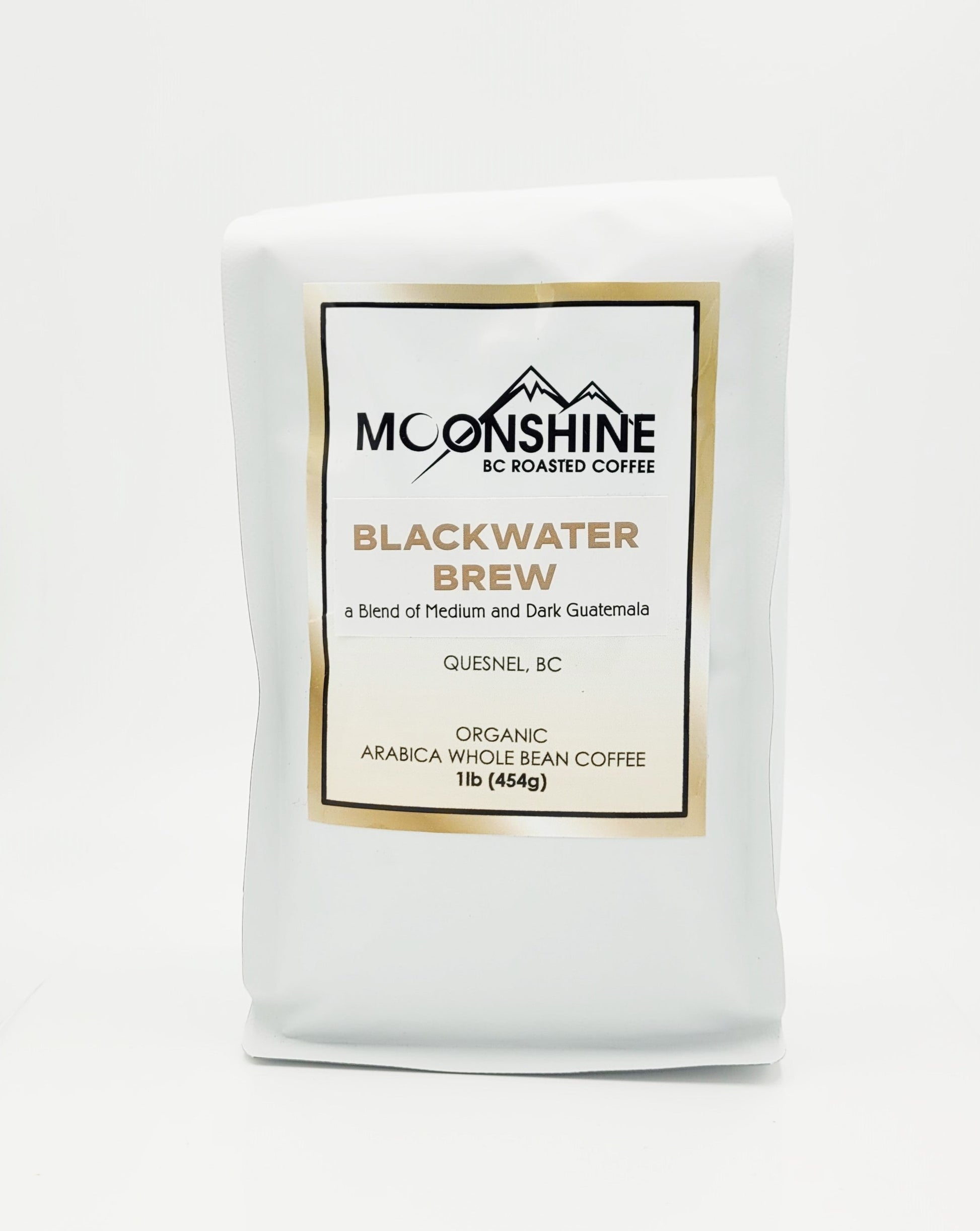 Blackwater Brew is a dark and medium roast blend from Guatamala Arabica beans.  Moonshine Coffee is a small, artisan, micro-roaster that roasts only organic, fair trade, and direct trade coffee from around the globe.  The roasting is done by hand and in small batches, creating a cup of coffee so good that it should be illegal!   Available Sizes:   1 pound (454g) 1/2 pound (226g)