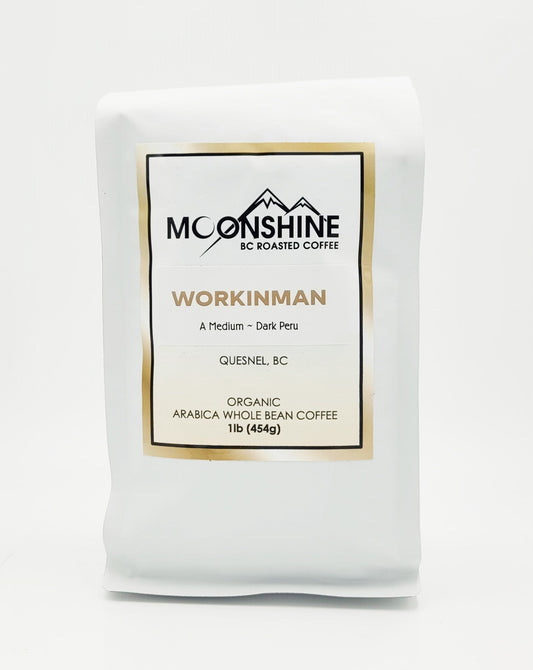 Workinman is a medium roast from 100% arabica Peruvian beans.  Moonshine Coffee is a small, artisan, micro-roaster that roasts only organic, fair trade, and direct trade coffee from around the globe.  The roasting is done by hand and in small batches, creating a cup of coffee so good that it should be illegal!   Available Sizes:   1 pound (454g) 1/2 pound (226g)